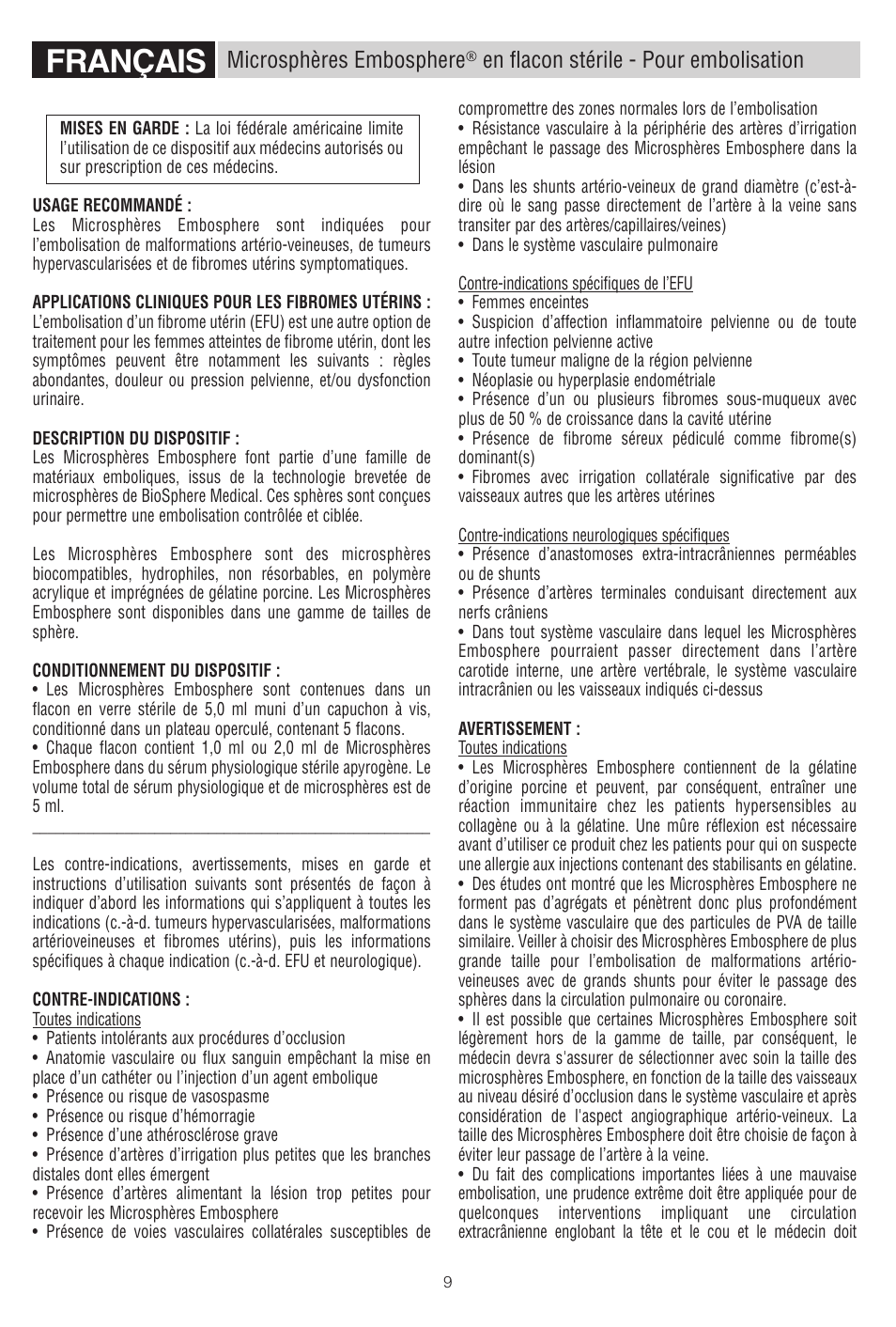 Français, Microsphères embosphere, En flacon stérile - pour embolisation | Merit Medical Embosphere Microspheres Sterile Vial IFU-US User Manual | Page 9 / 40