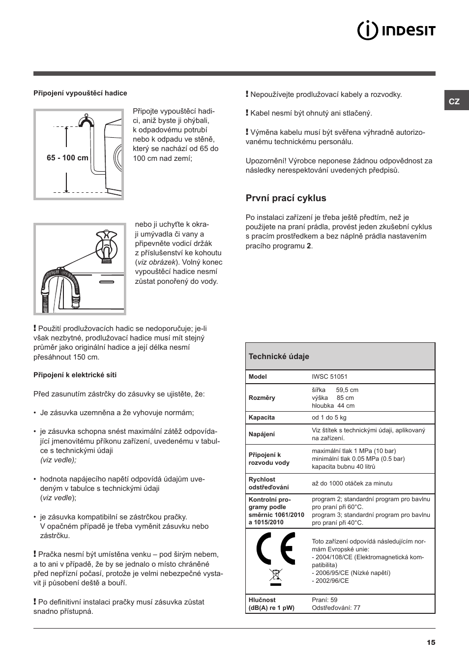 První prací cyklus | Indesit IWSC 51051 C ECO User Manual | Page 15 / 60