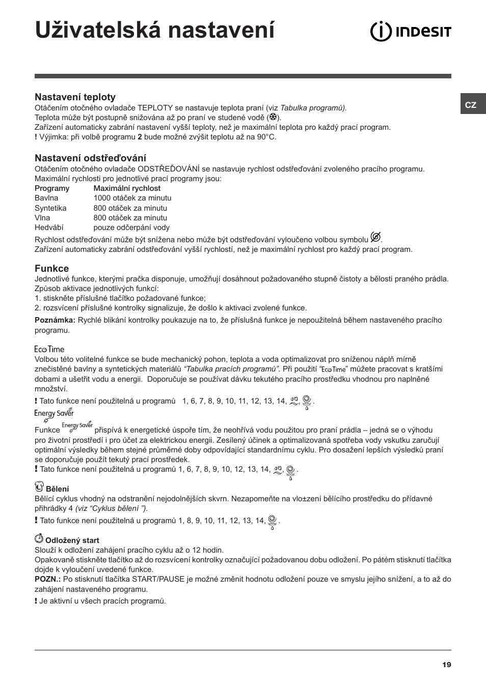Uživatelská nastavení | Indesit IWSC 51051 C ECO User Manual | Page 19 / 60