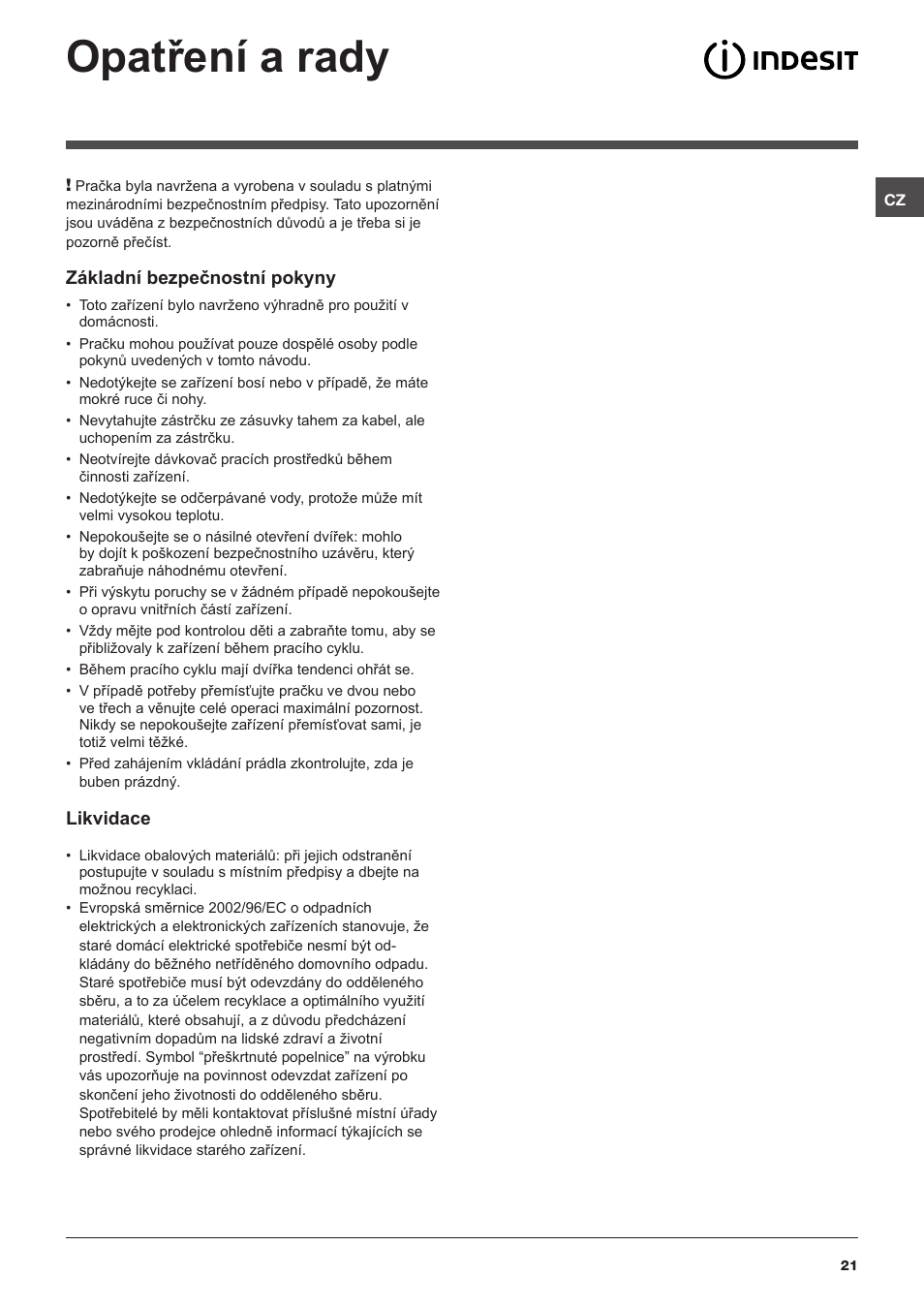Opatření a rady | Indesit IWSC 51051 C ECO User Manual | Page 21 / 60