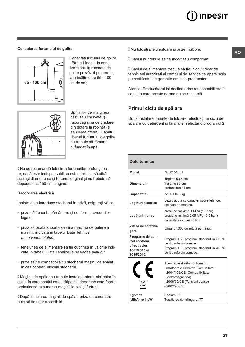 Primul ciclu de spălare | Indesit IWSC 51051 C ECO User Manual | Page 27 / 60