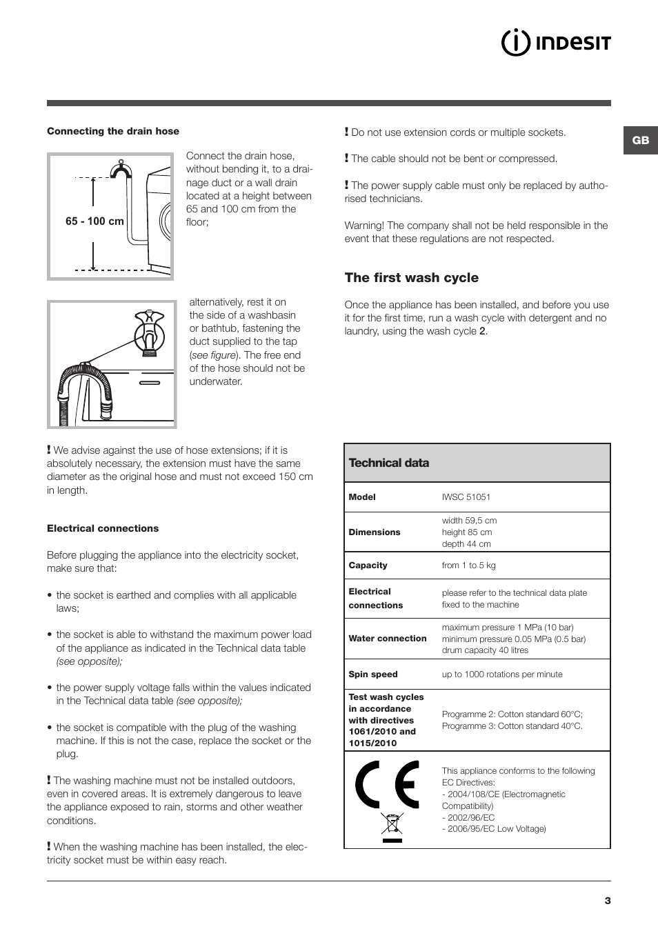 The first wash cycle | Indesit IWSC 51051 C ECO User Manual | Page 3 / 60