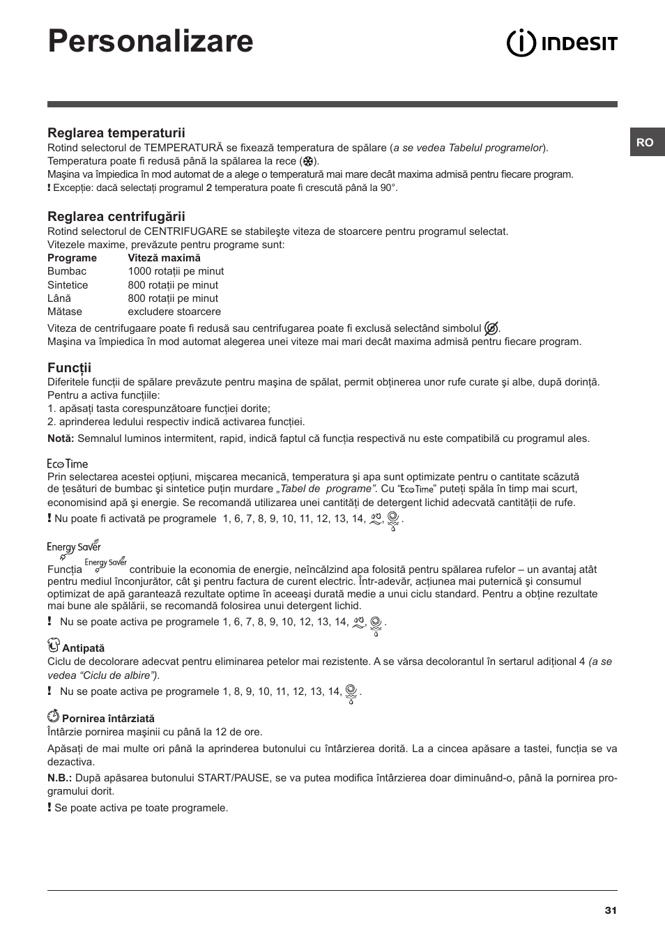 Personalizare | Indesit IWSC 51051 C ECO User Manual | Page 31 / 60