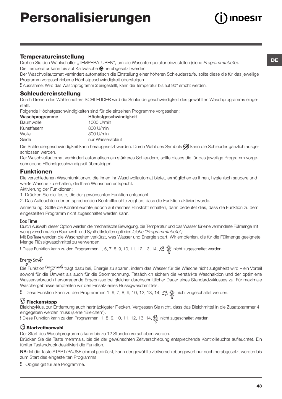 Personalisierungen | Indesit IWSC 51051 C ECO User Manual | Page 43 / 60