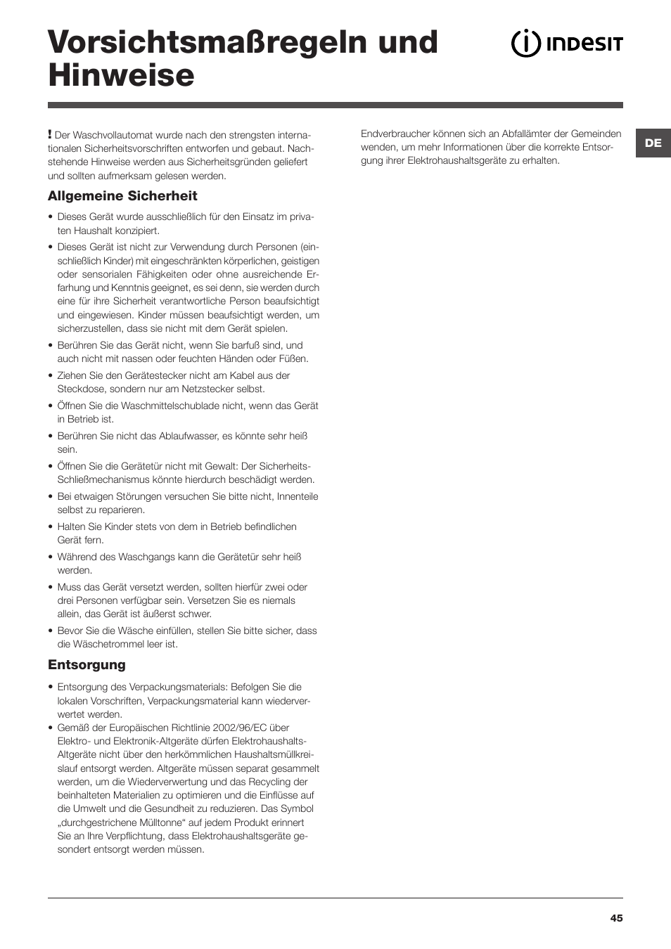 Vorsichtsmaßregeln und hinweise | Indesit IWSC 51051 C ECO User Manual | Page 45 / 60