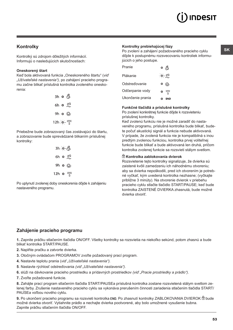 Kontrolky, Zahájenie pracieho programu | Indesit IWSC 51051 C ECO User Manual | Page 53 / 60