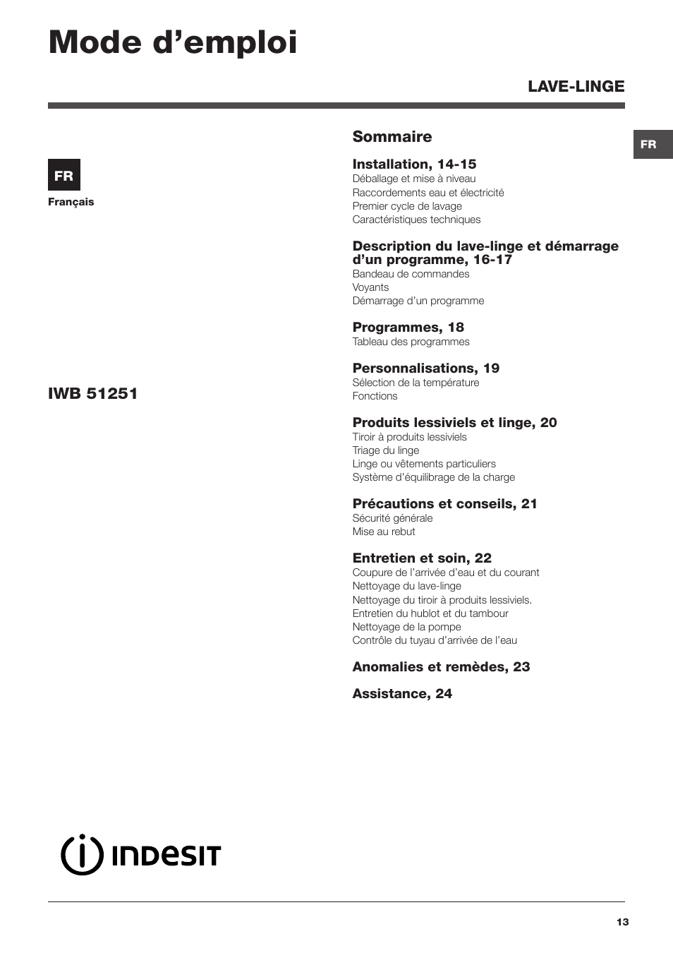 Mode d’emploi | Indesit IWB 51251 User Manual | Page 13 / 72