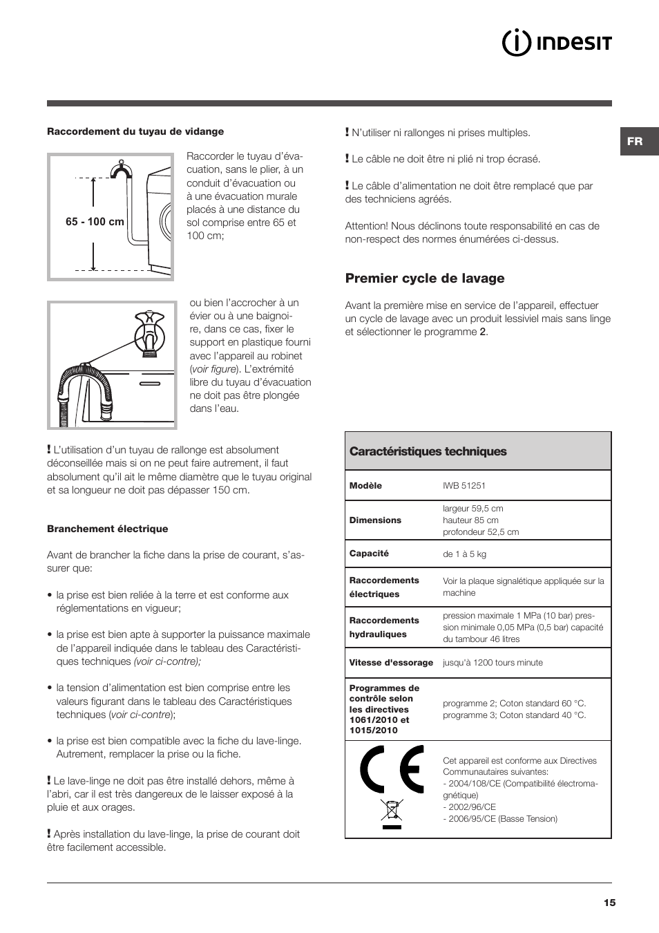 Premier cycle de lavage | Indesit IWB 51251 User Manual | Page 15 / 72