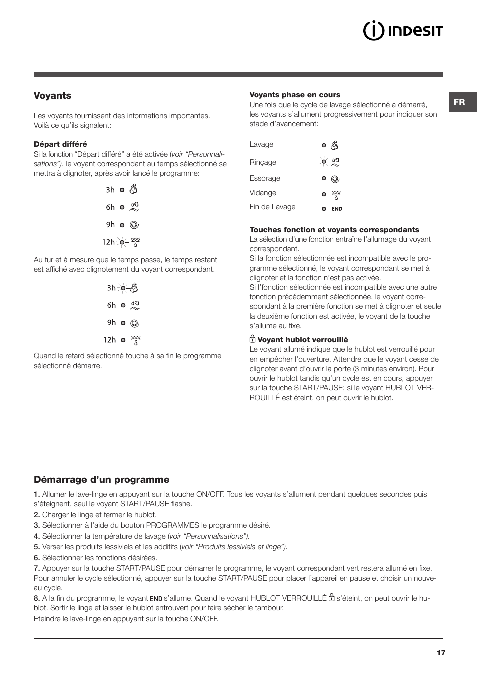 Voyants, Démarrage d’un programme | Indesit IWB 51251 User Manual | Page 17 / 72