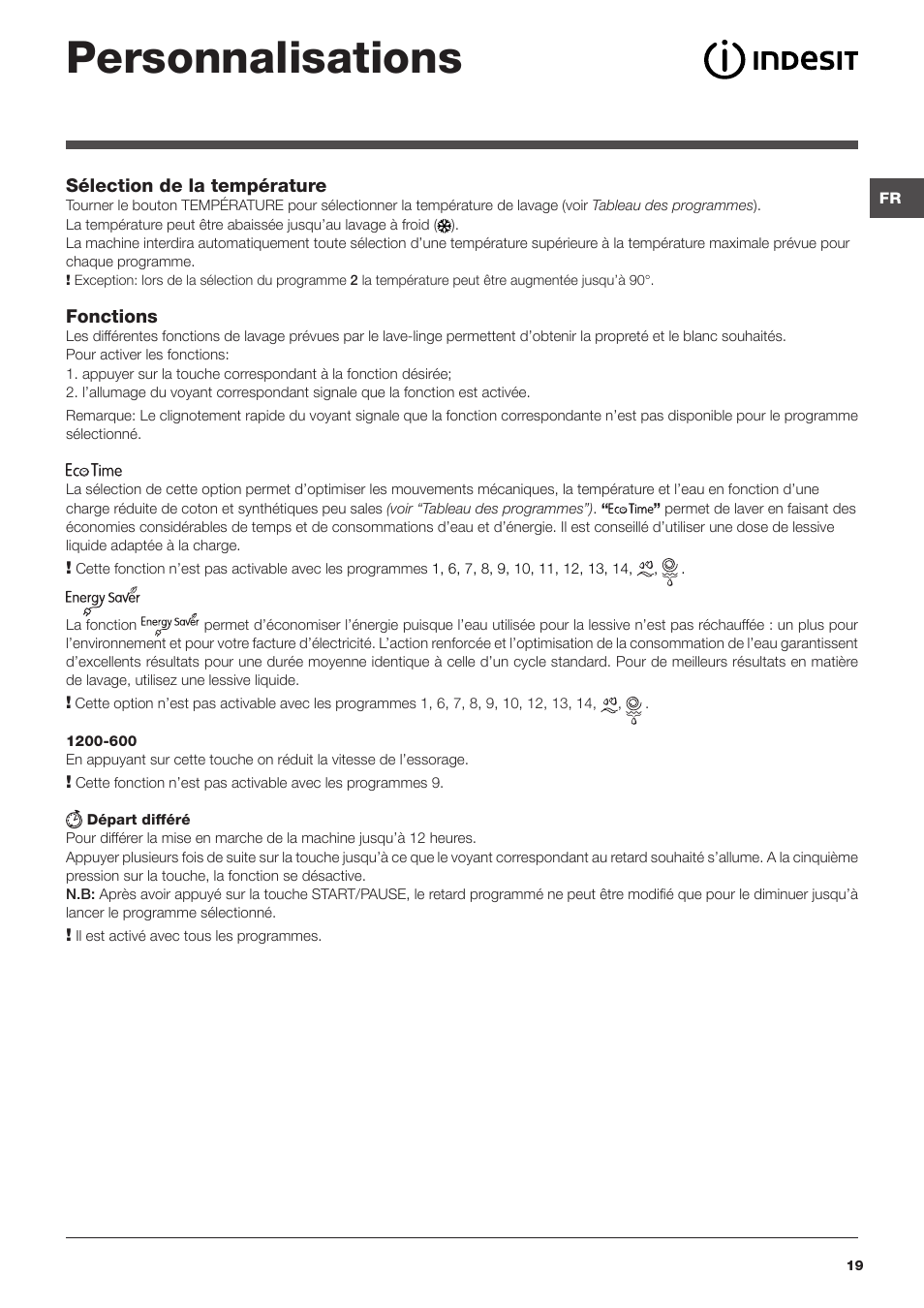 Personnalisations | Indesit IWB 51251 User Manual | Page 19 / 72