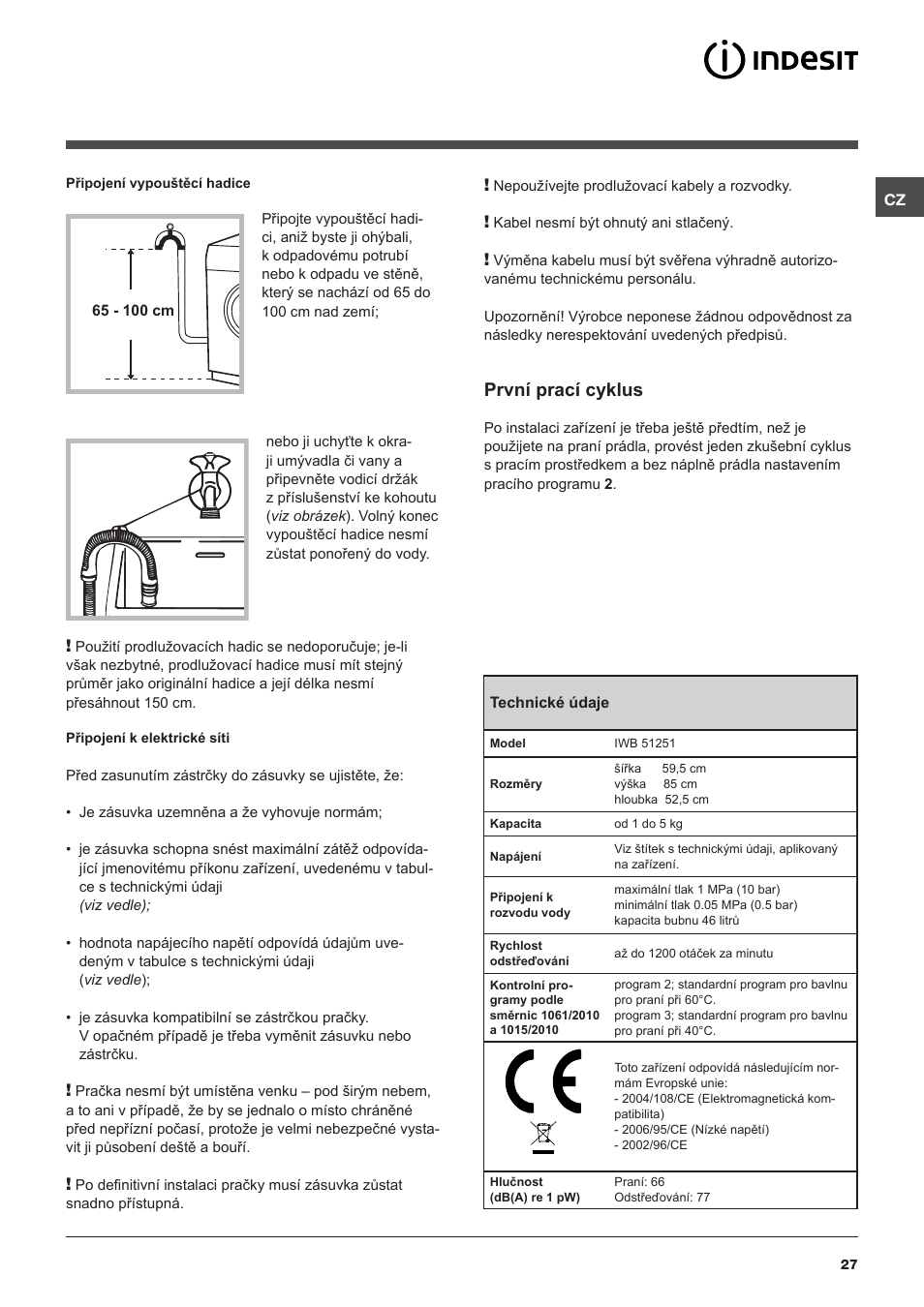 První prací cyklus | Indesit IWB 51251 User Manual | Page 27 / 72