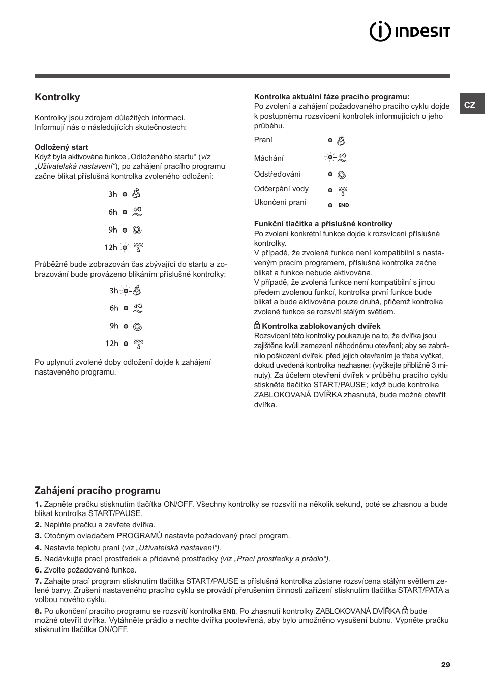 Kontrolky, Zahájení pracího programu | Indesit IWB 51251 User Manual | Page 29 / 72