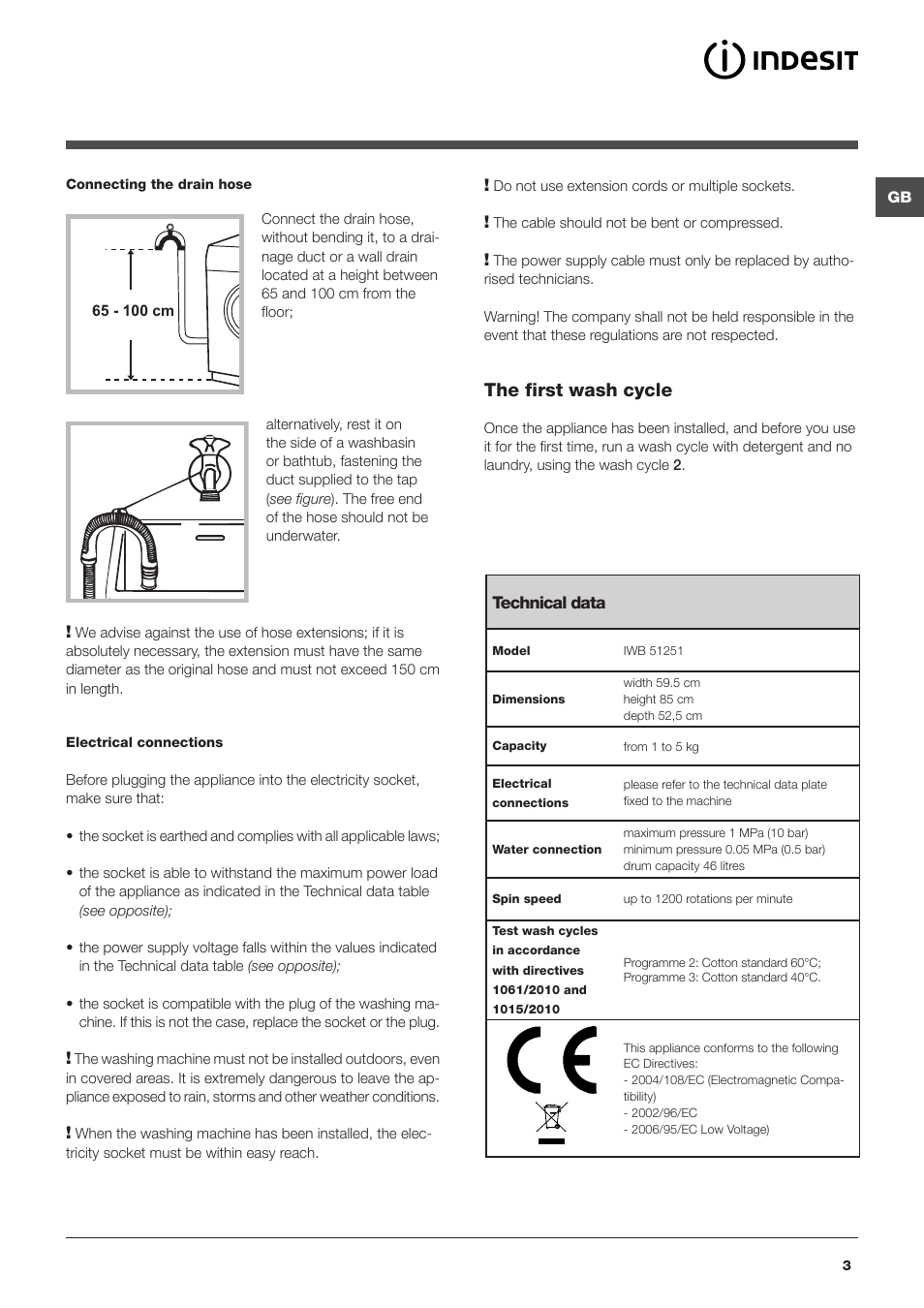 The first wash cycle | Indesit IWB 51251 User Manual | Page 3 / 72