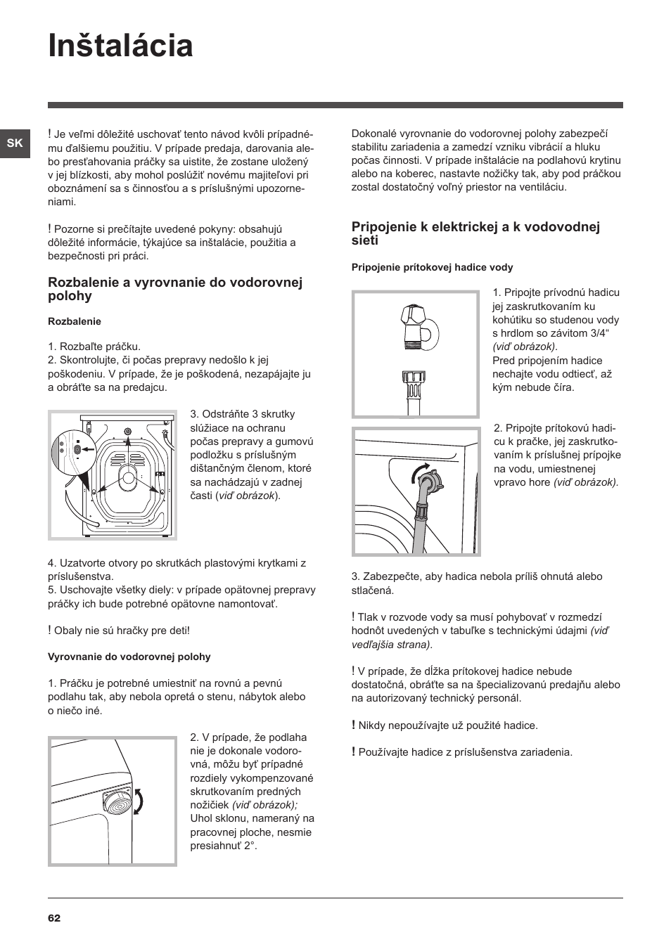 Inštalácia | Indesit IWB 51251 User Manual | Page 62 / 72