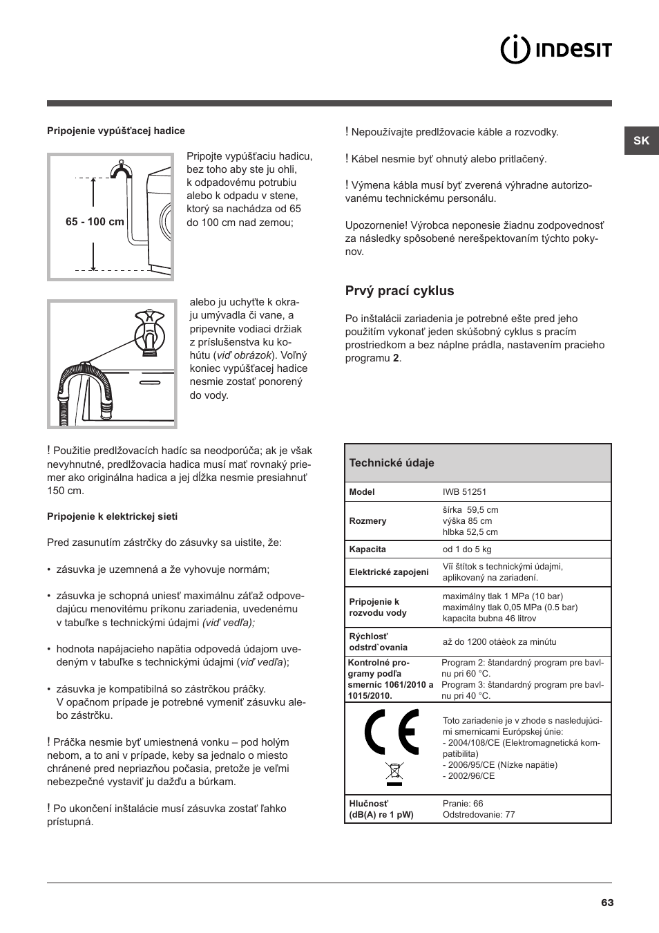 Prvý prací cyklus | Indesit IWB 51251 User Manual | Page 63 / 72