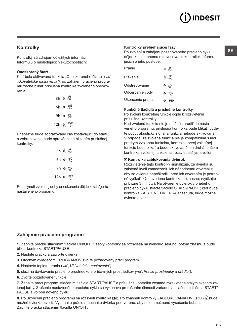 Kontrolky, Zahájenie pracieho programu | Indesit IWB 51251 User Manual | Page 65 / 72
