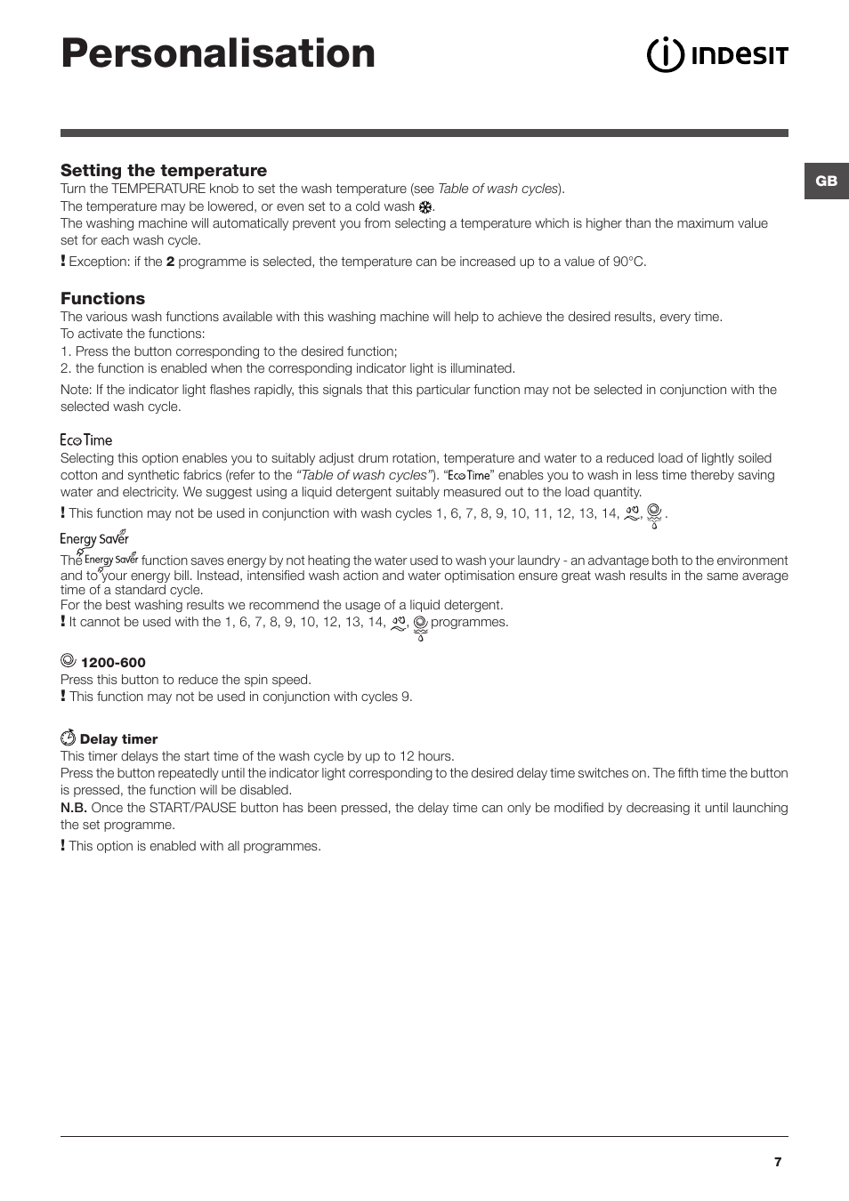 Personalisation | Indesit IWB 51251 User Manual | Page 7 / 72