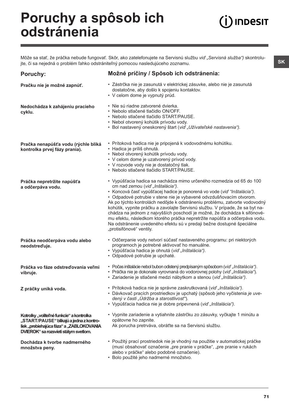 Poruchy a spôsob ich odstránenia | Indesit IWB 51251 User Manual | Page 71 / 72