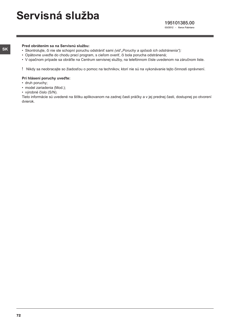 Servisná služba | Indesit IWB 51251 User Manual | Page 72 / 72