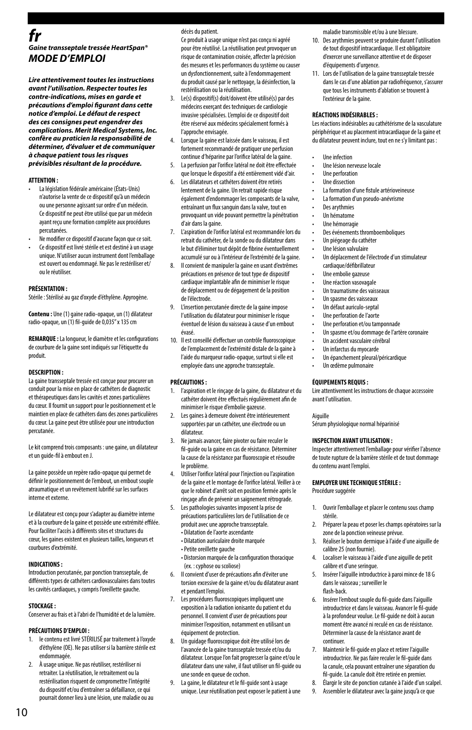 Mode d’emploi | Merit Medical HeartSpan Fixed Curve Braided Transseptal Sheath User Manual | Page 10 / 24