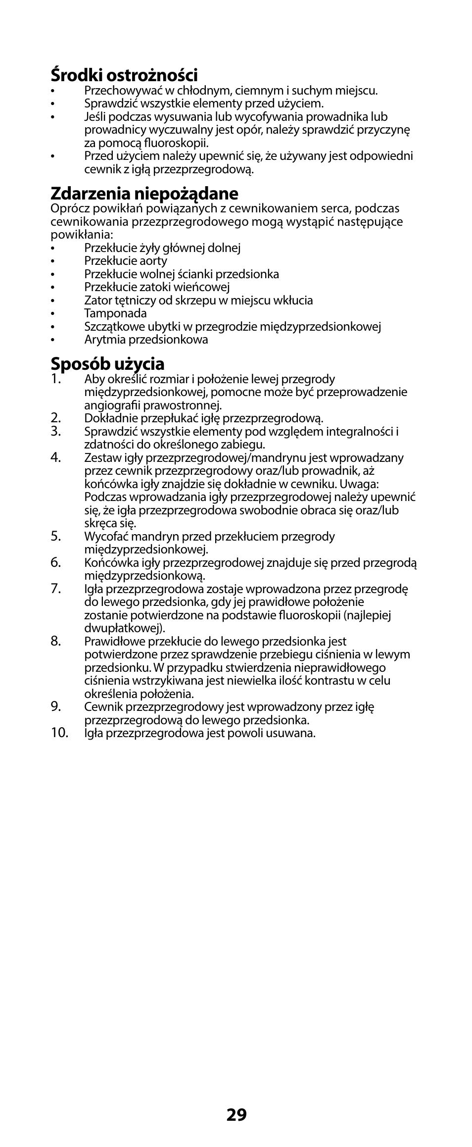 Pl - sposób użycia, 29 środki ostrożności, Zdarzenia niepożądane | Sposób użycia | Merit Medical HeartSpan Transseptal Needle User Manual | Page 29 / 48