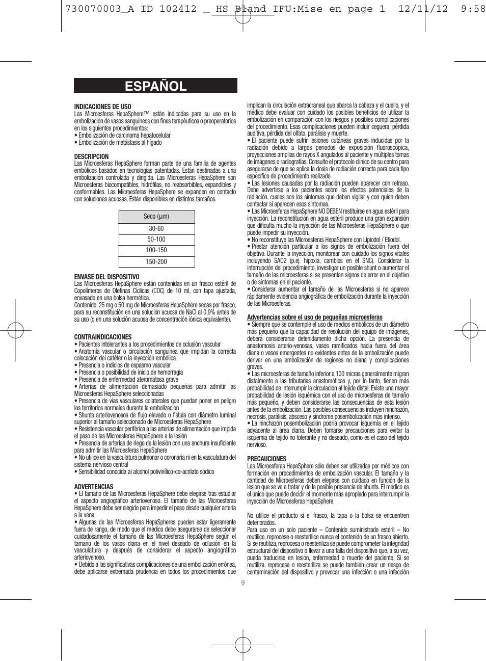 Español | Merit Medical HepaSphere Microspheres(Bland/Without Drug) IFU-Int'l User Manual | Page 9 / 12