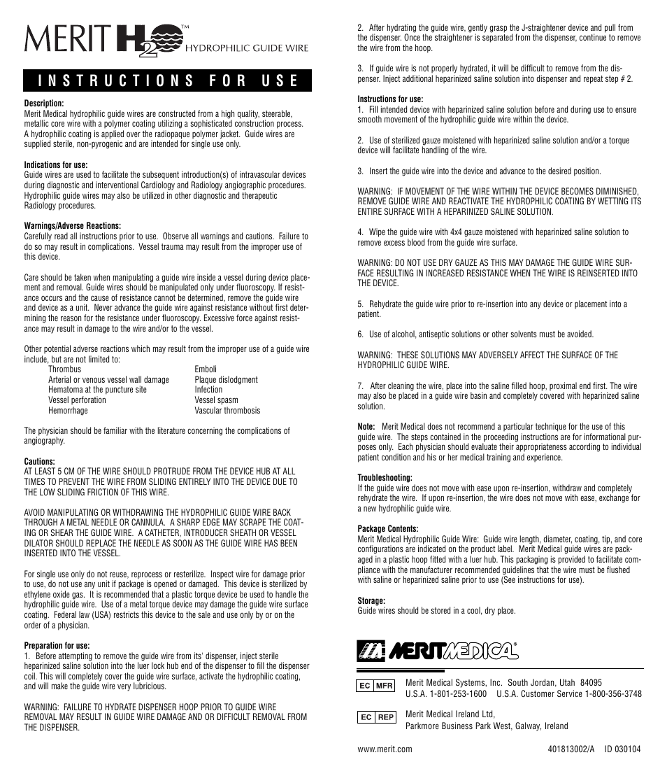Merit Medical H2O Hydrophilic Guide Wire User Manual | 1 page