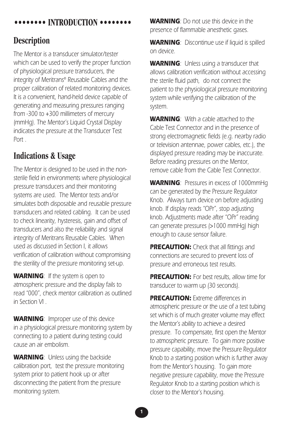 Introduction •••••••• description, Indications & usage | Merit Medical Mentor Simulator/Tester User Manual | Page 3 / 12