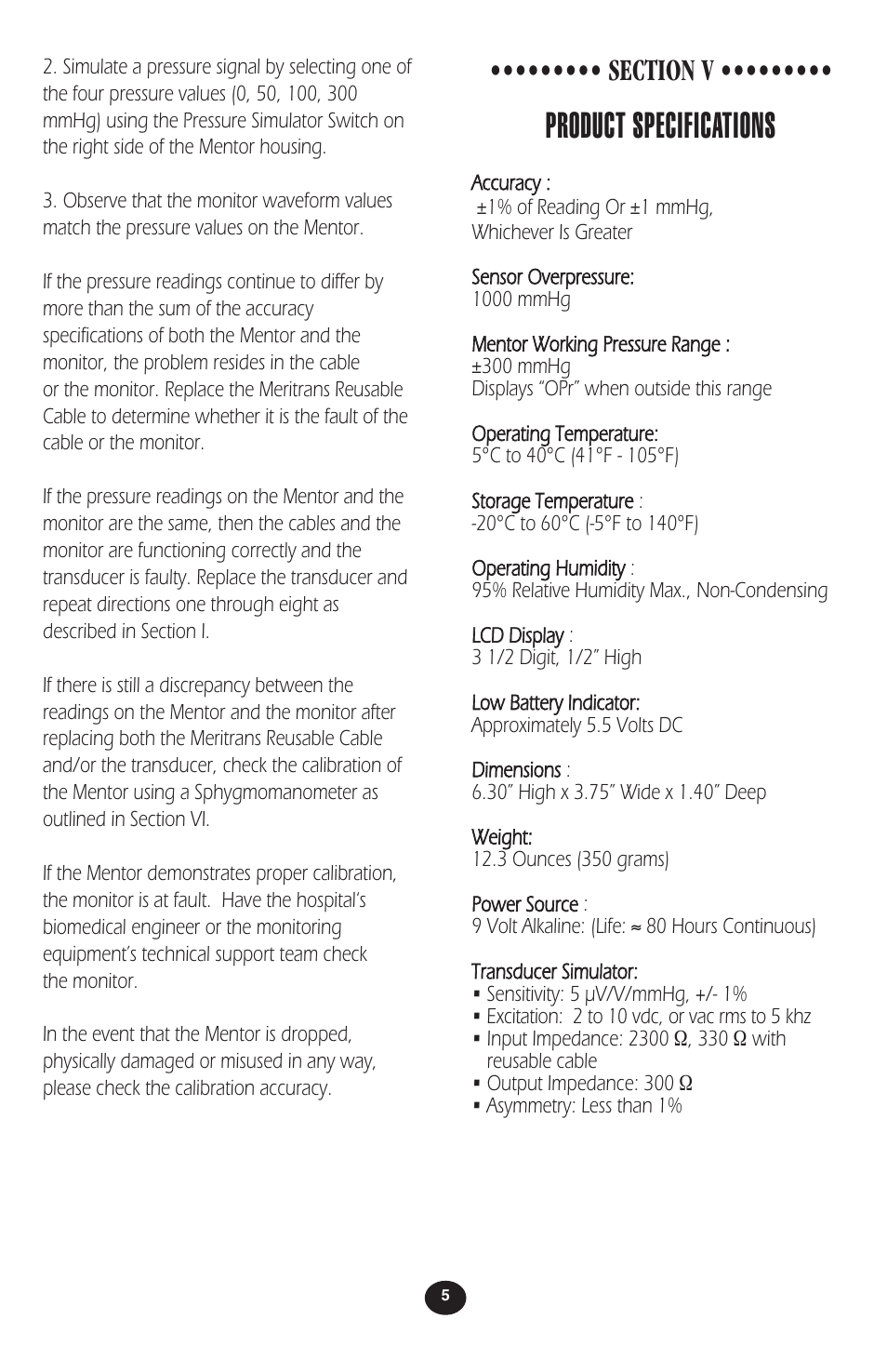 Product specifications | Merit Medical Mentor Simulator/Tester User Manual | Page 7 / 12