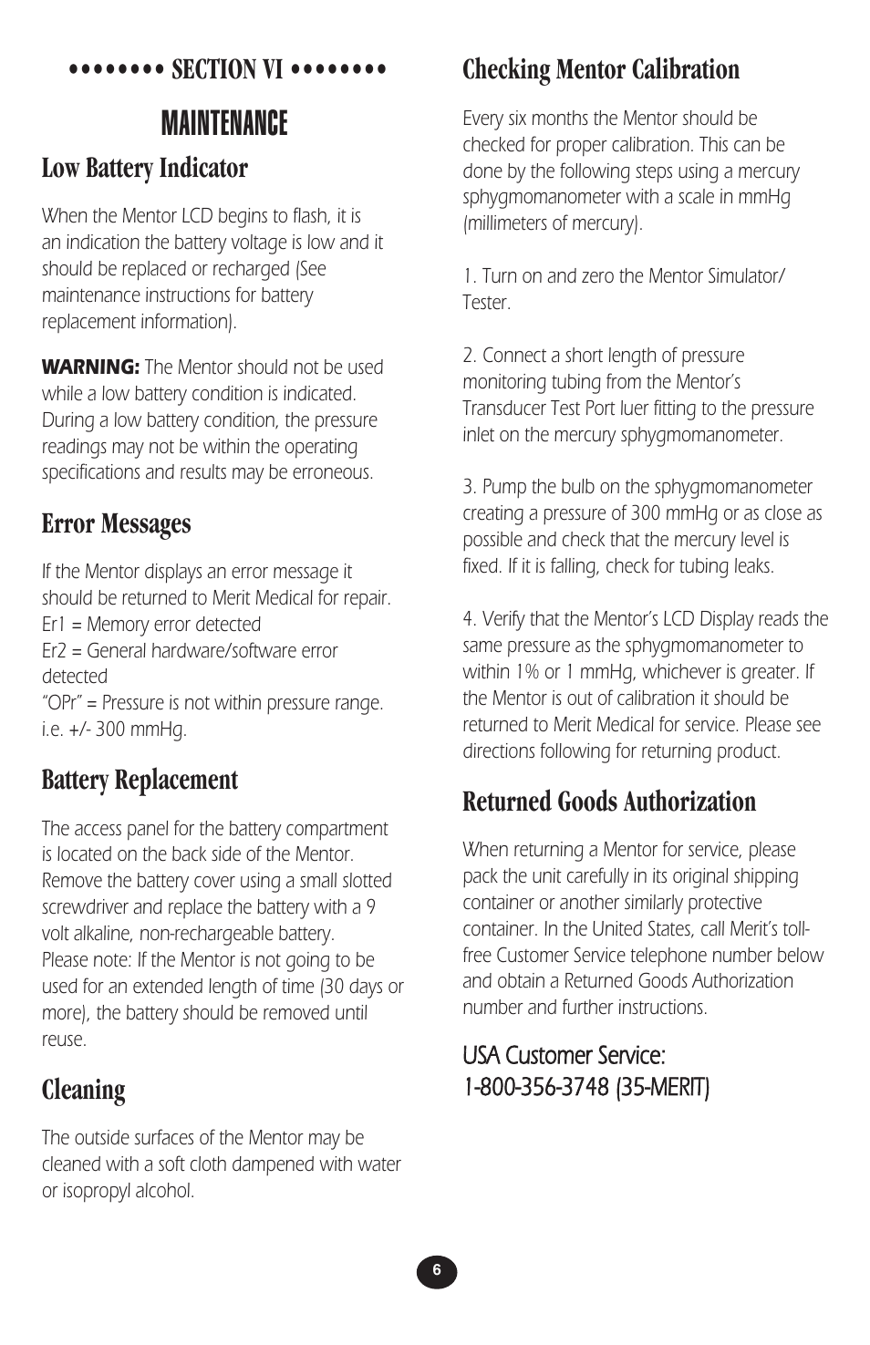 Maintenance, Low battery indicator, Error messages | Battery replacement, Cleaning, Checking mentor calibration, Returned goods authorization | Merit Medical Mentor Simulator/Tester User Manual | Page 8 / 12