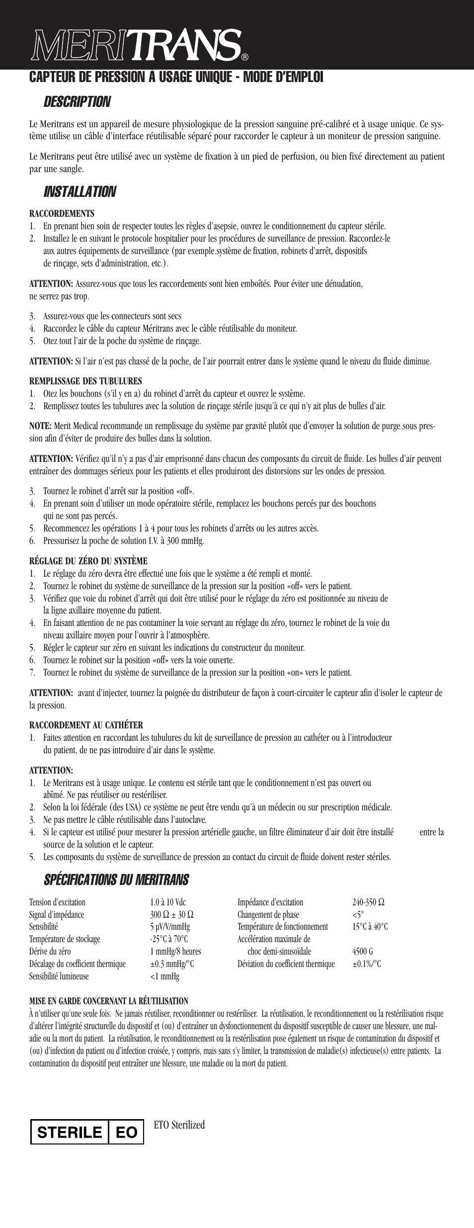 Installation, Spécifications du meritrans | Merit Medical Meritrans Disposable Pressure Transducer User Manual | Page 2 / 10