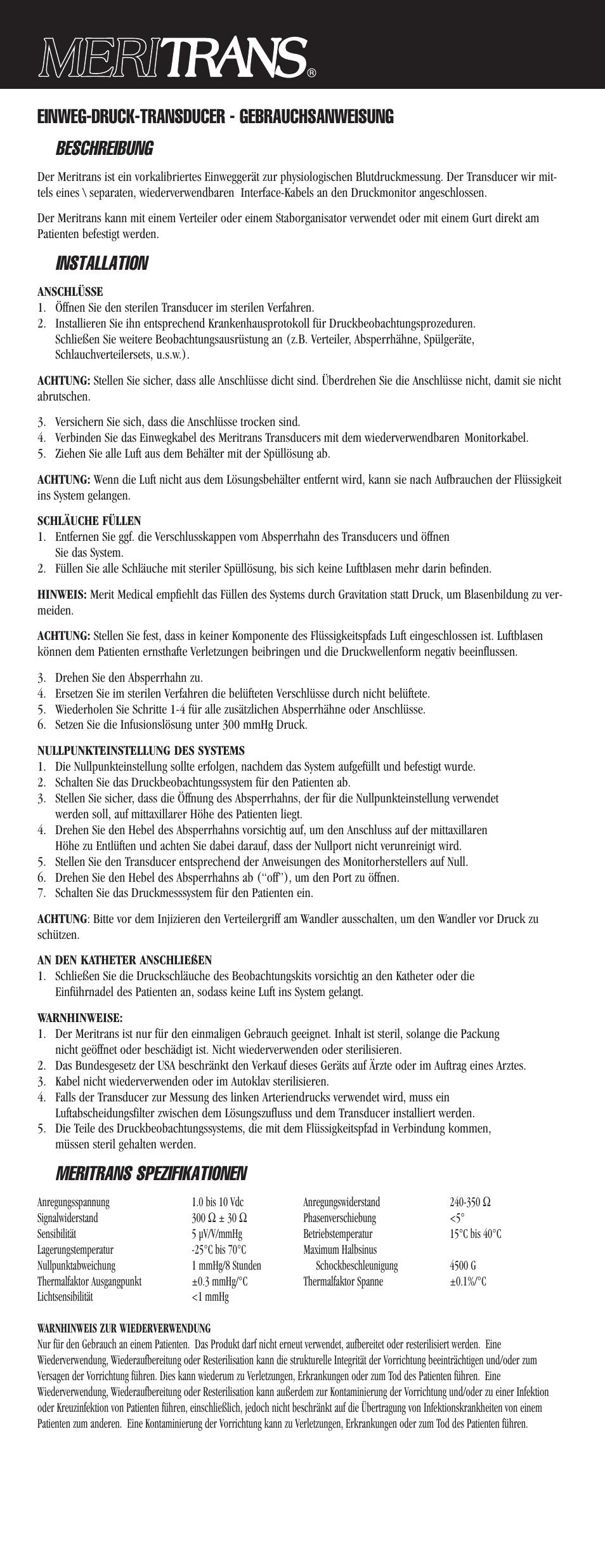 Installation, Meritrans spezifikationen | Merit Medical Meritrans Disposable Pressure Transducer User Manual | Page 4 / 10