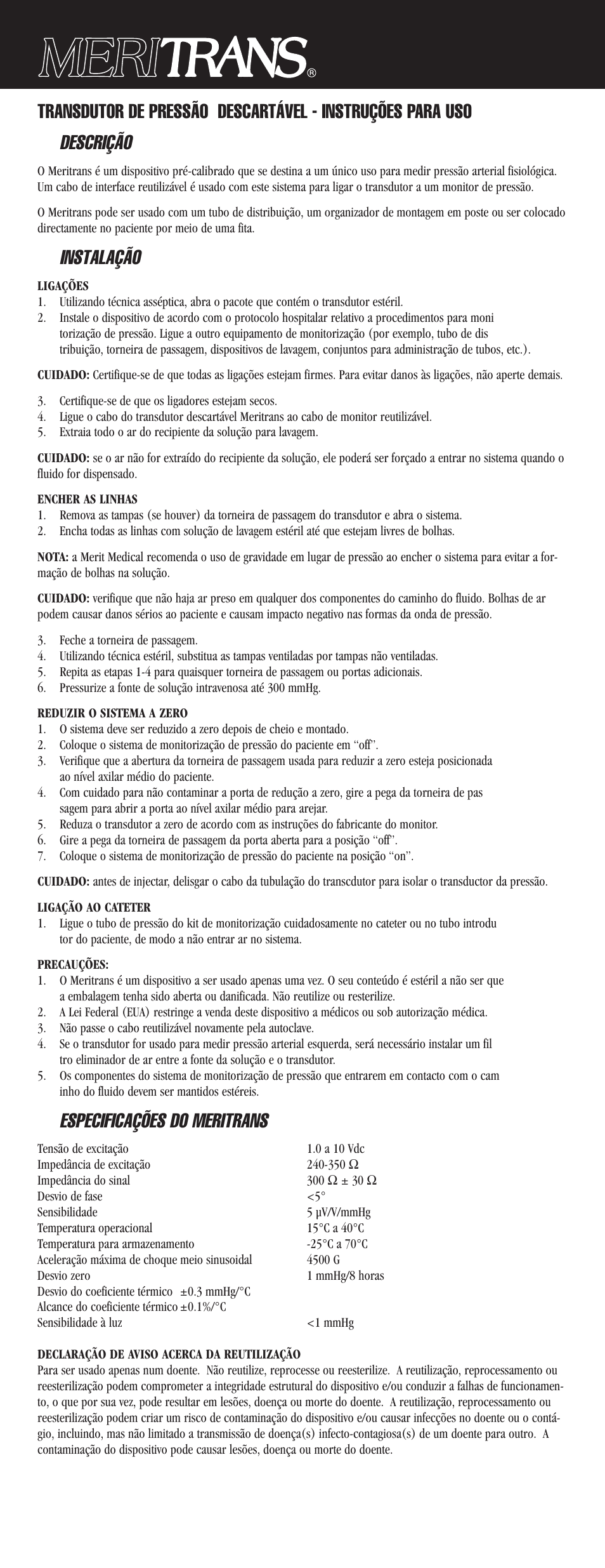 Instalação, Especificações do meritrans | Merit Medical Meritrans Disposable Pressure Transducer User Manual | Page 6 / 10