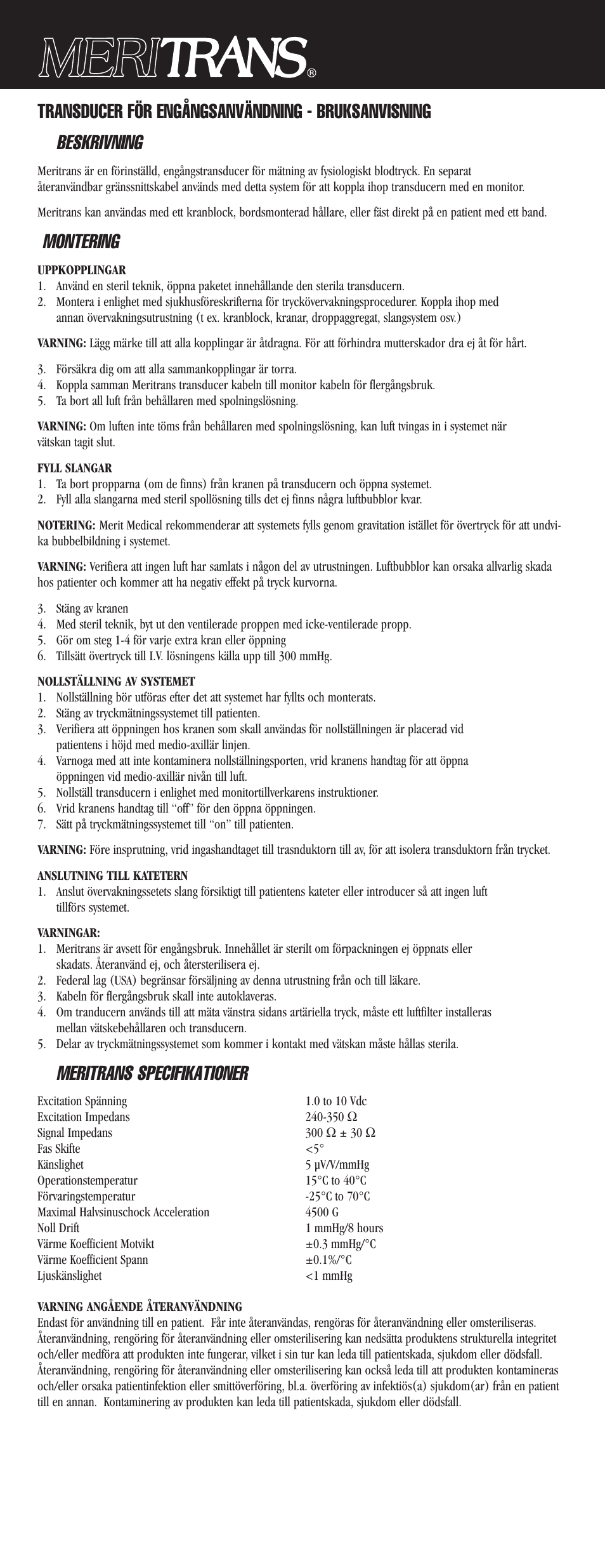 Montering, Meritrans specifikationer | Merit Medical Meritrans Disposable Pressure Transducer User Manual | Page 8 / 10