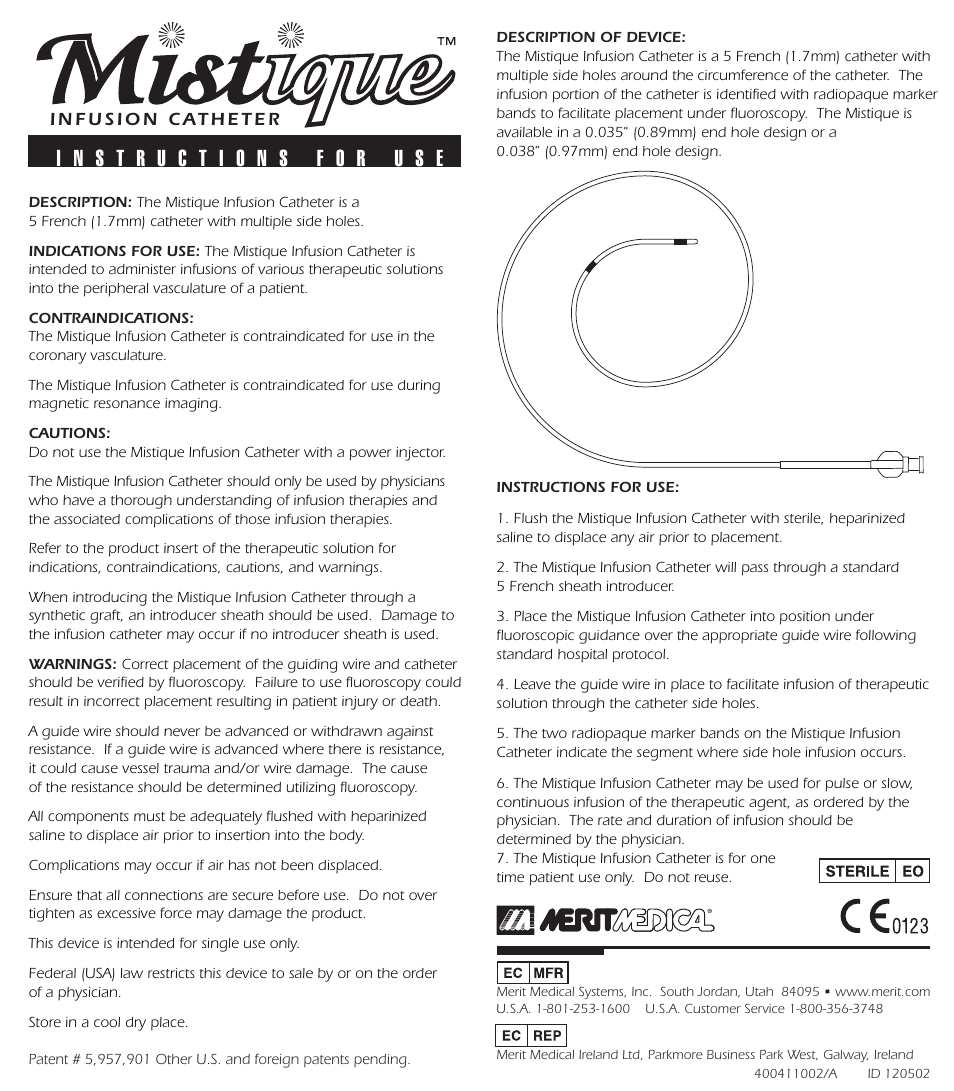 Merit Medical Mistique Infusion Catheter User Manual | 1 page