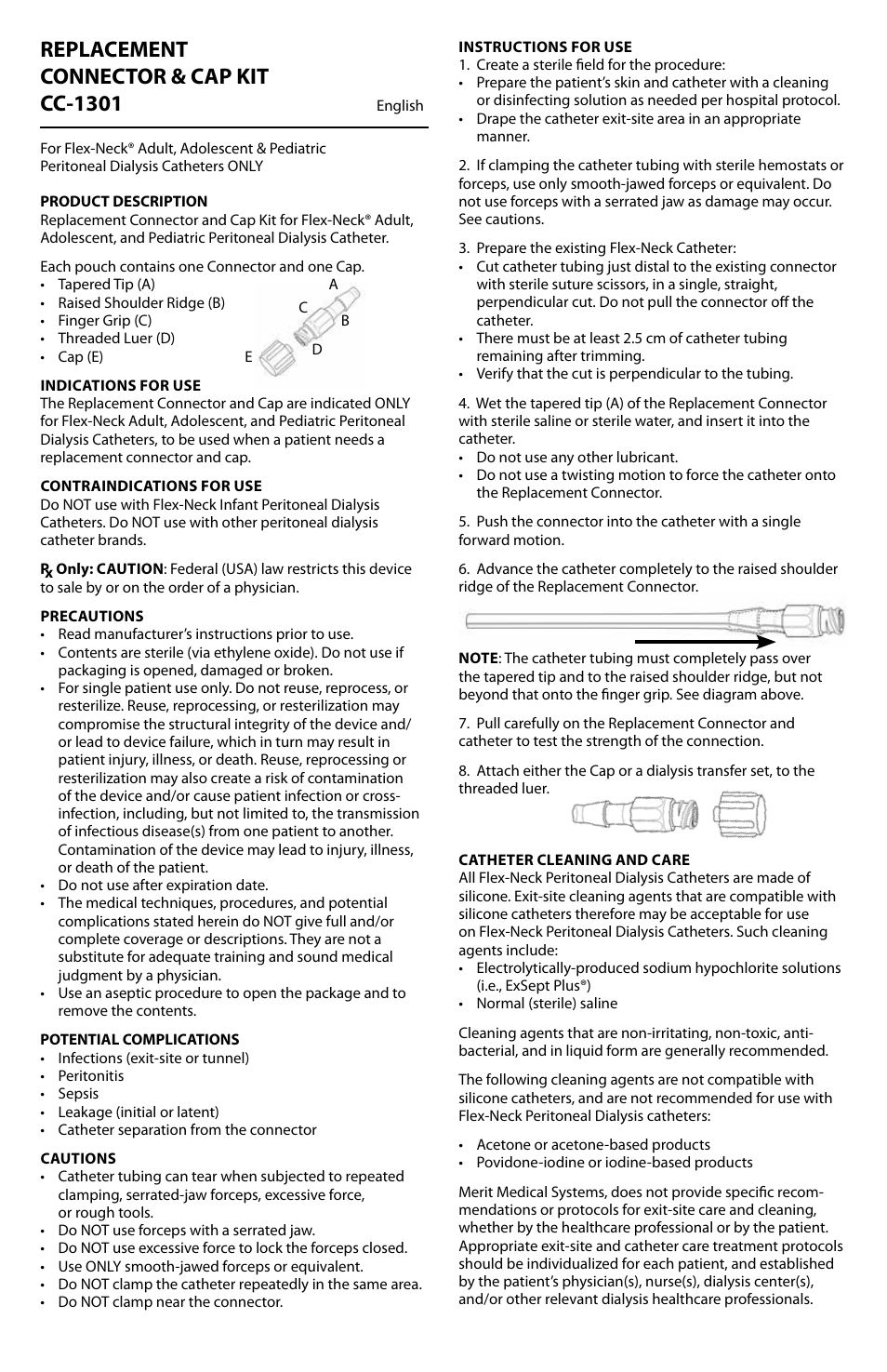 Replacement connector & cap kit cc-1301 | Merit Medical Plastic Connector & CAP KIT CC-1301 User Manual | Page 2 / 4