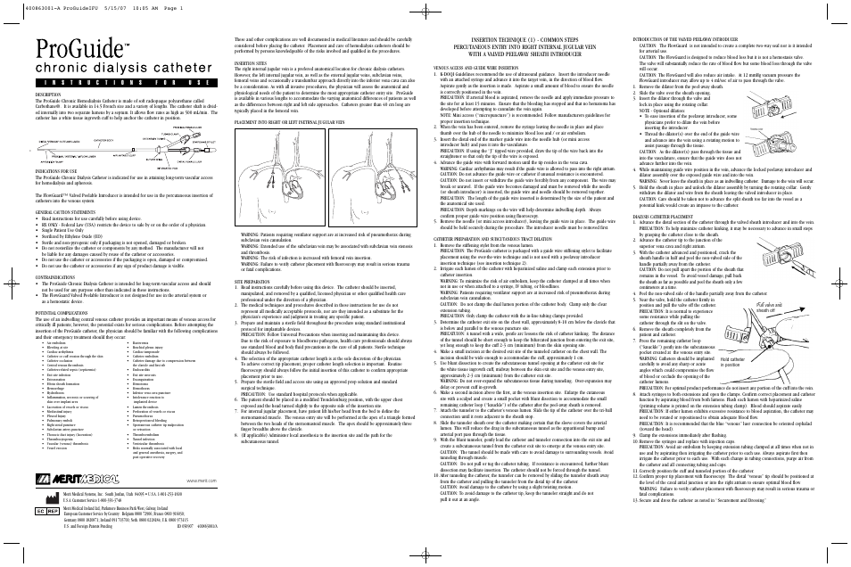 Merit Medical ProGuide Chronic Dialysis Catheter User Manual | 2 pages