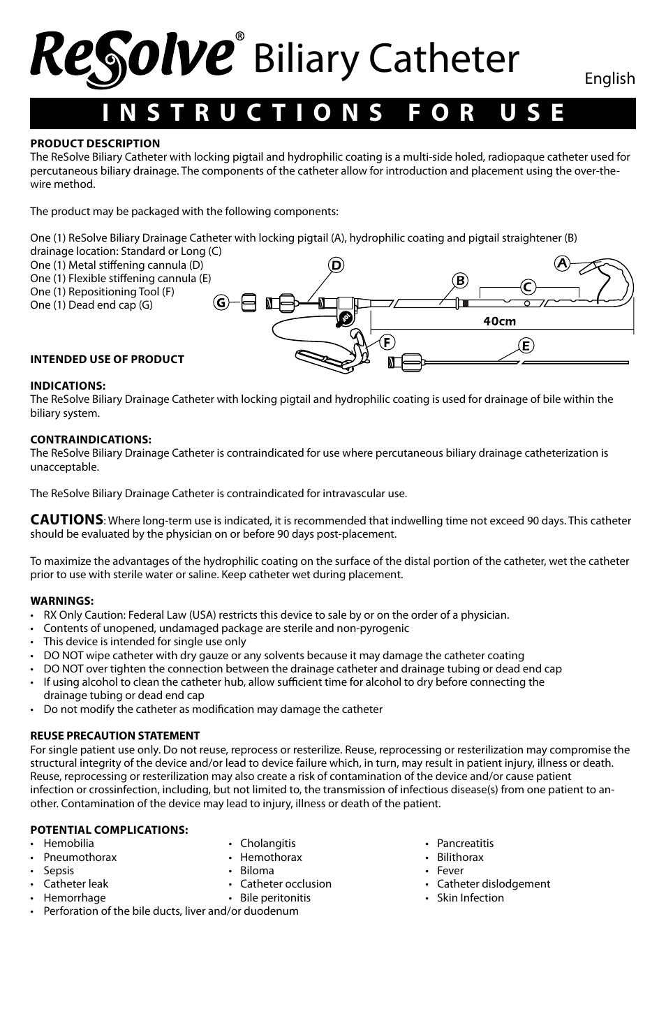 Biliary catheter, English, Cautions | Merit Medical ReSolve Biliary Locking Drainage Catheter User Manual | Page 2 / 24