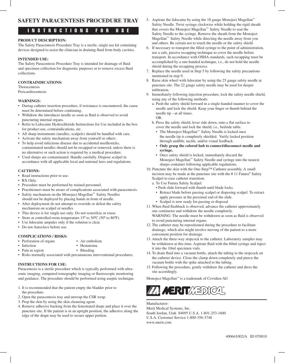 Merit Medical Safety Paracentesis Tray User Manual | 1 page