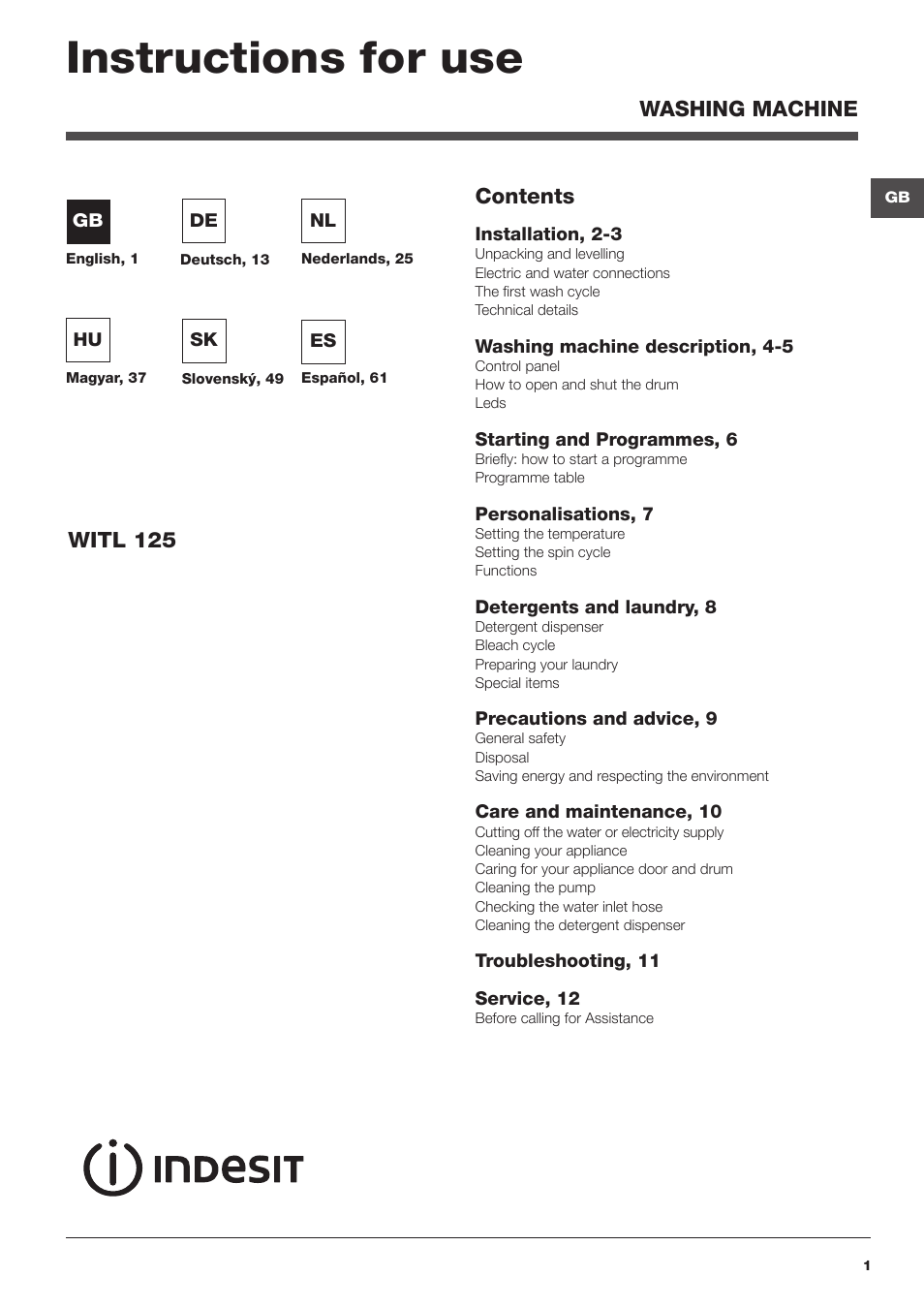 Indesit WITL 125 User Manual | 72 pages