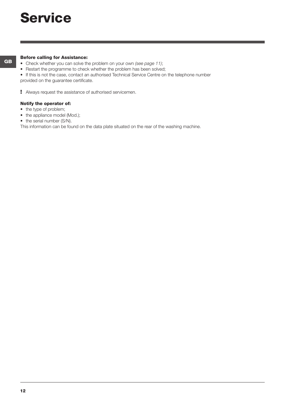 Service | Indesit WITL 125 User Manual | Page 12 / 72