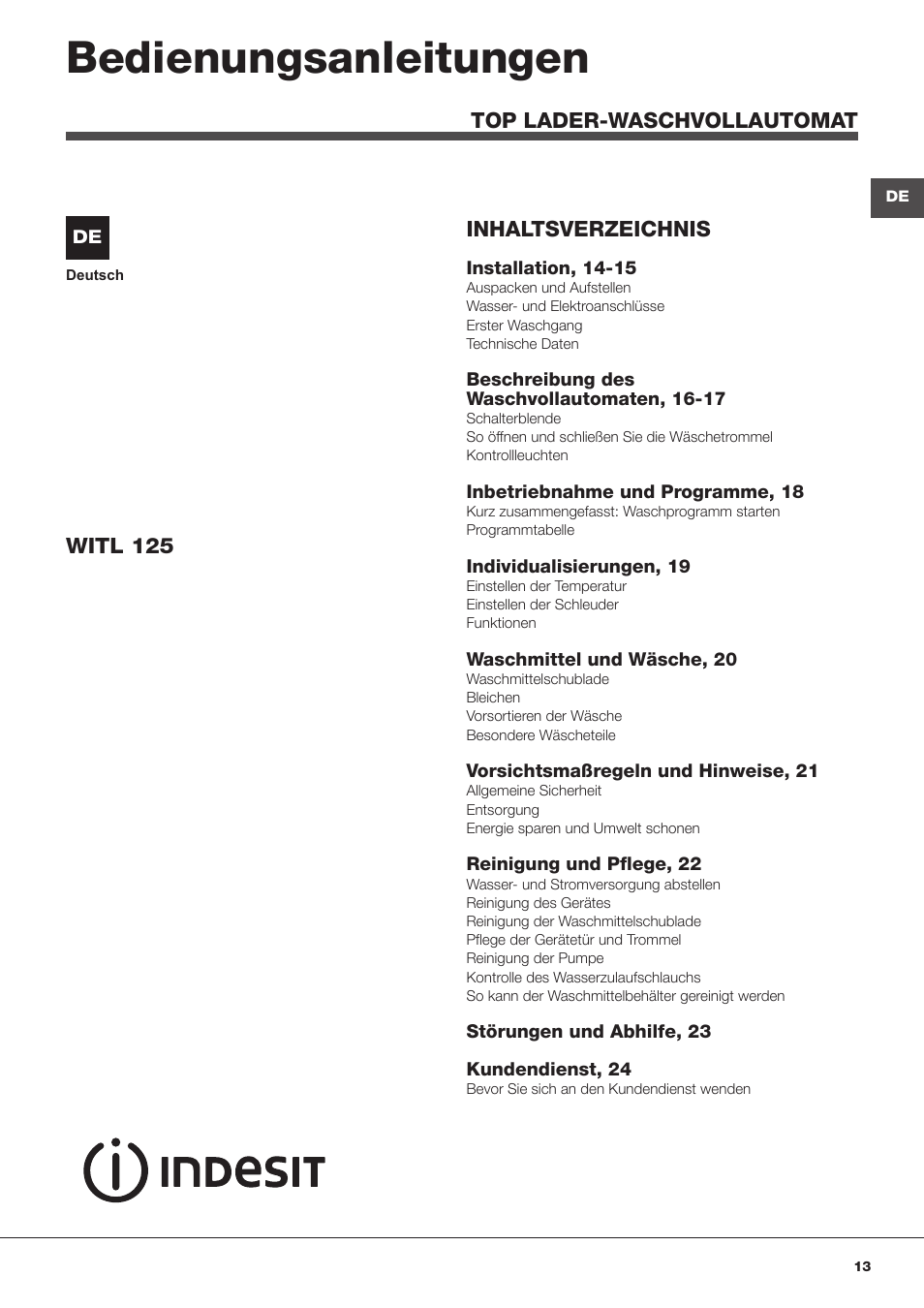 Bedienungsanleitungen | Indesit WITL 125 User Manual | Page 13 / 72