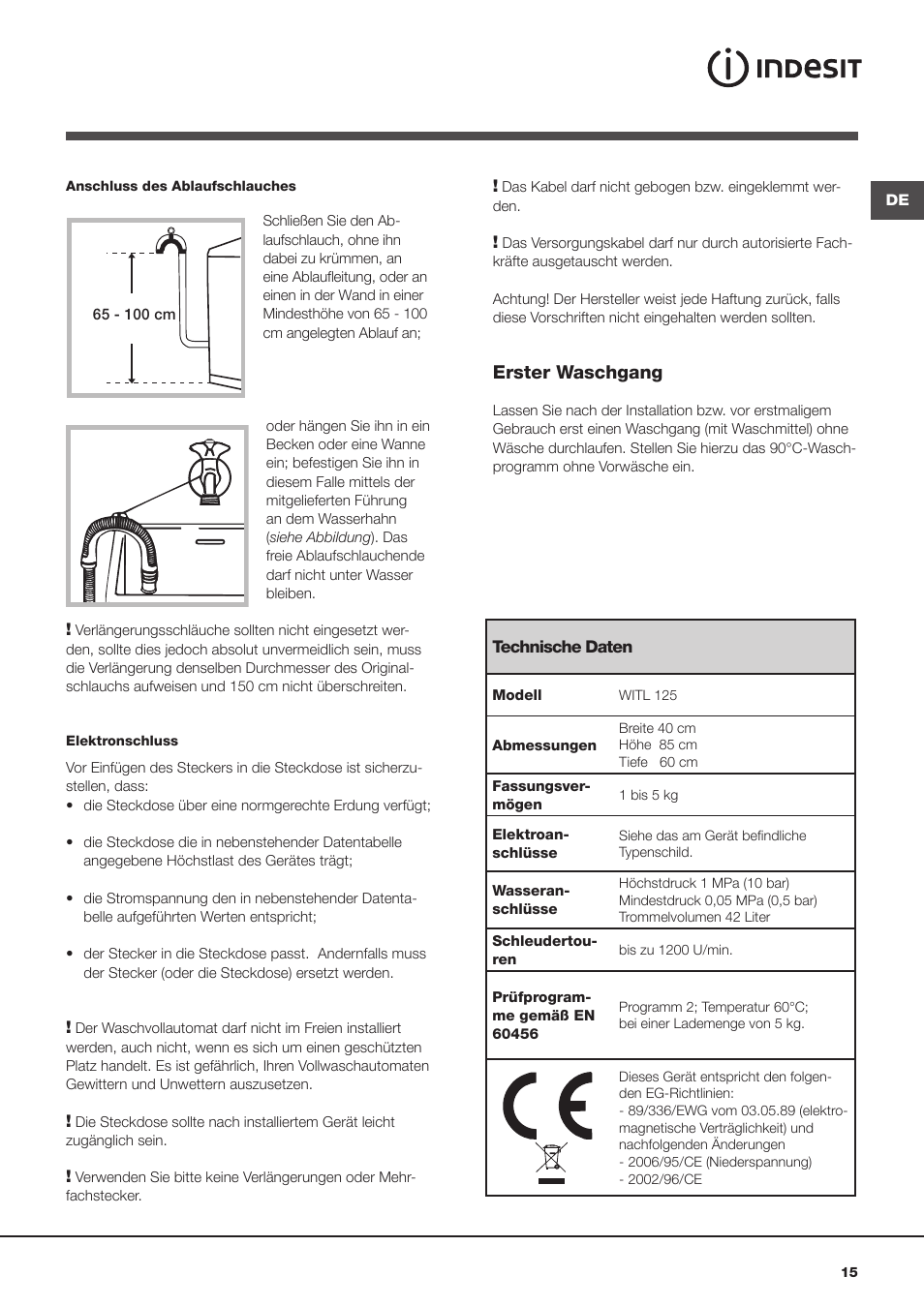 Erster waschgang | Indesit WITL 125 User Manual | Page 15 / 72