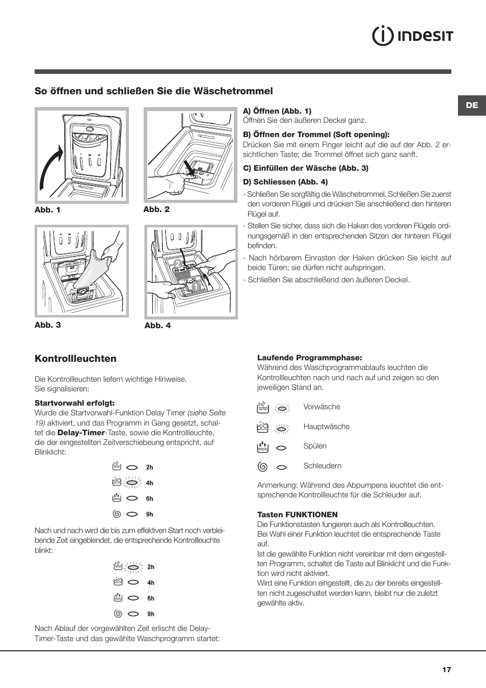 Kontrollleuchten, So öffnen und schließen sie die wäschetrommel | Indesit WITL 125 User Manual | Page 17 / 72