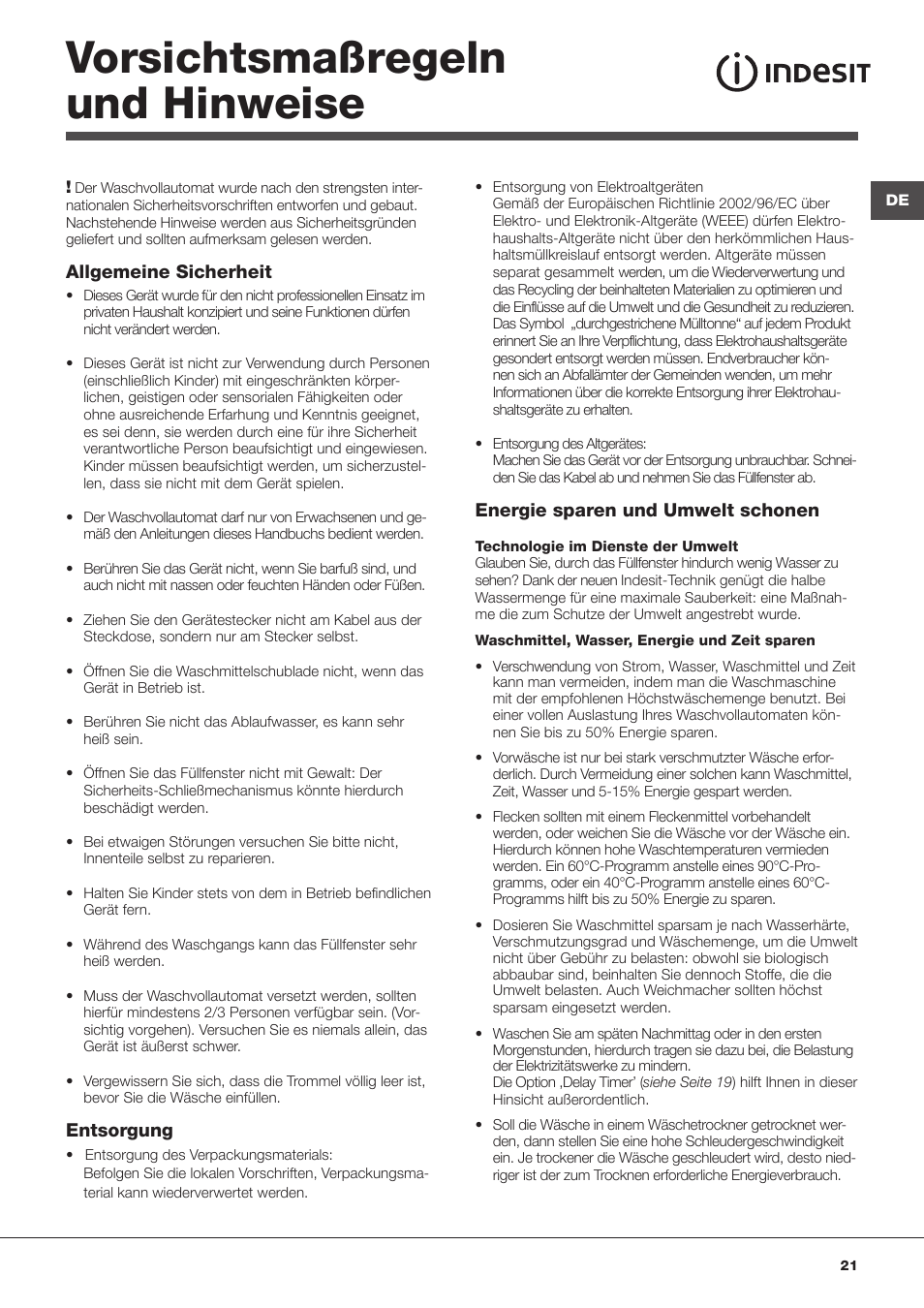 Vorsichtsmaßregeln und hinweise | Indesit WITL 125 User Manual | Page 21 / 72