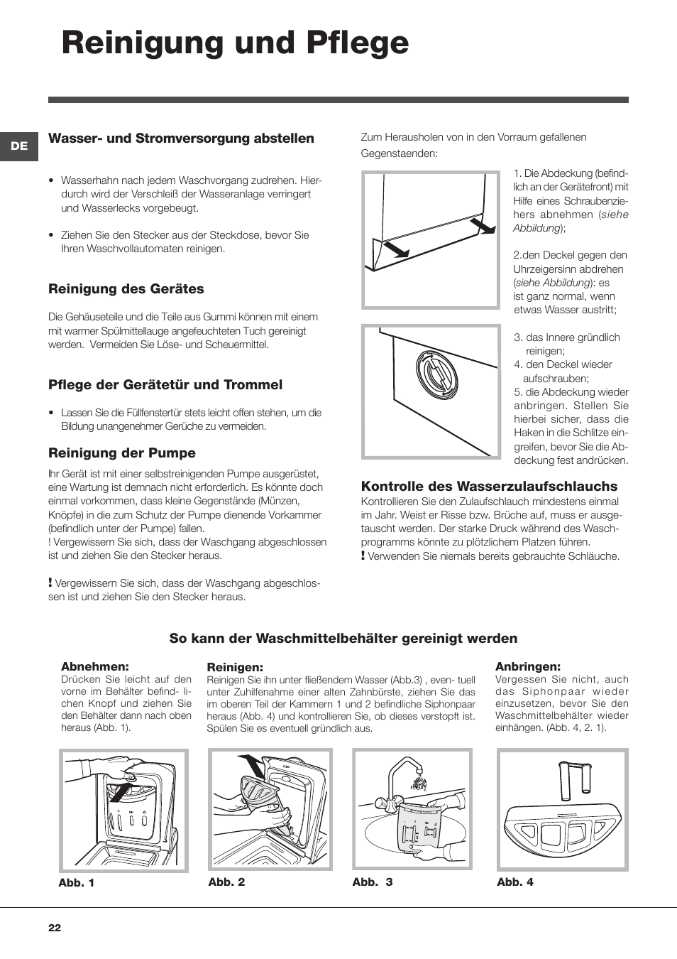 Reinigung und pflege | Indesit WITL 125 User Manual | Page 22 / 72