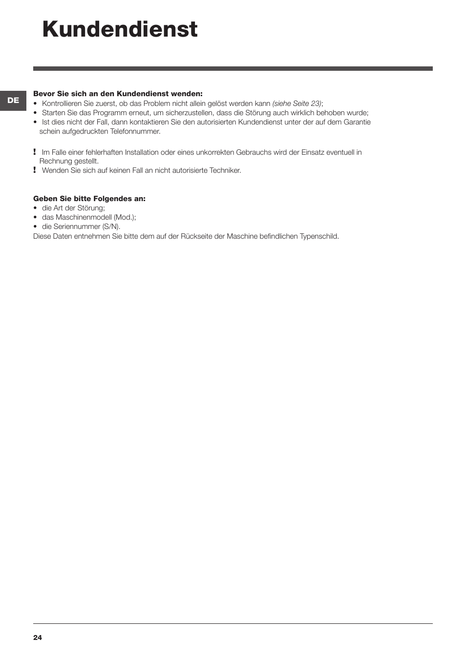 Kundendienst | Indesit WITL 125 User Manual | Page 24 / 72