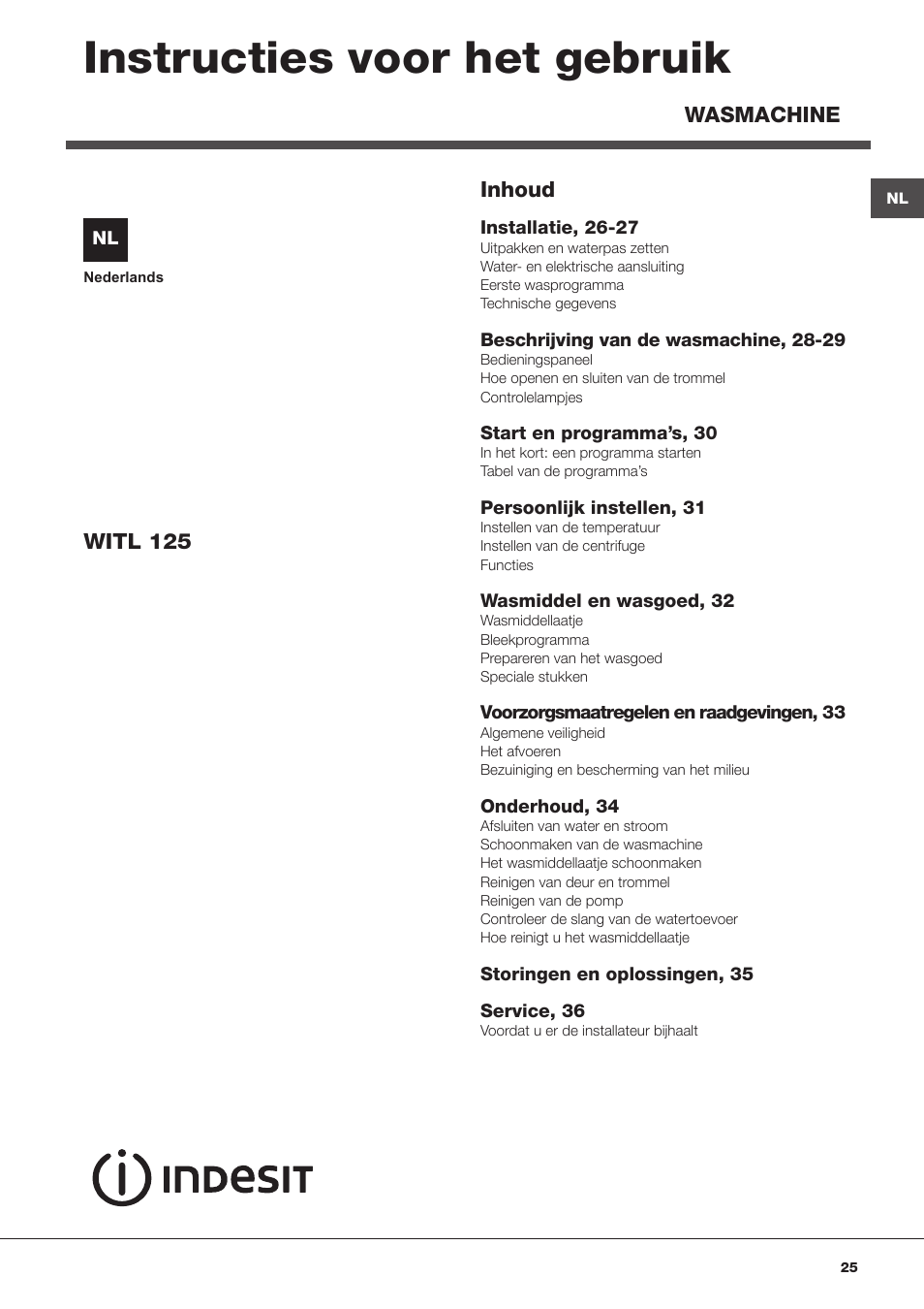 Instructies voor het gebruik | Indesit WITL 125 User Manual | Page 25 / 72