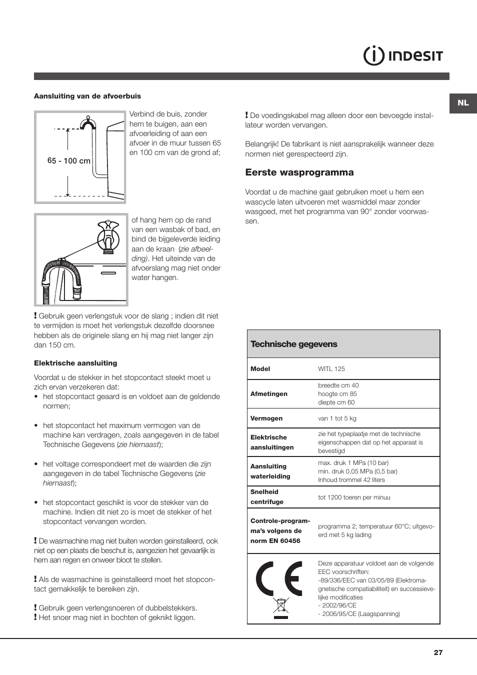 Eerste wasprogramma | Indesit WITL 125 User Manual | Page 27 / 72