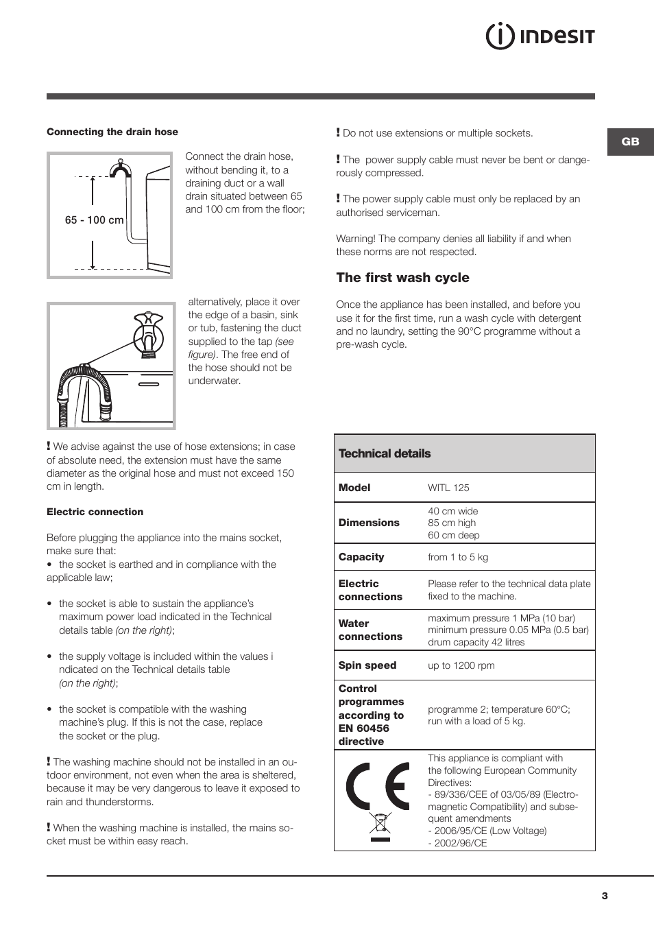 The first wash cycle | Indesit WITL 125 User Manual | Page 3 / 72